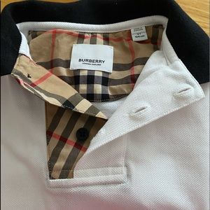 White polo style Burberry shirt with black collar for kids